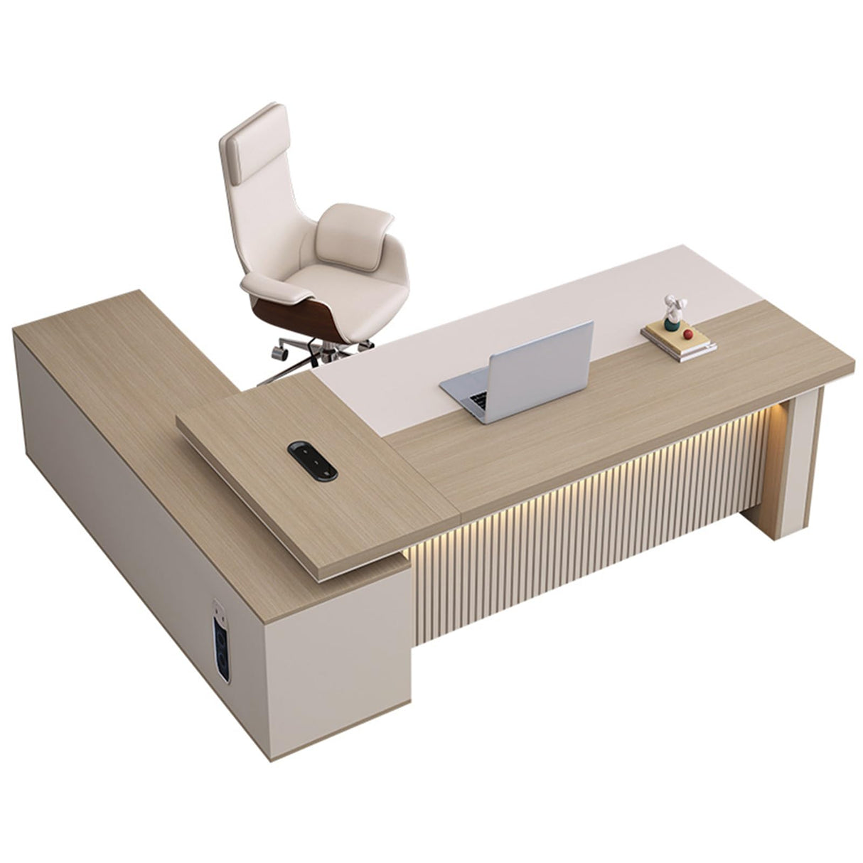 Office Table with Cabinet Wood Office Desk with Light Strip, L Shaped Executive Desk