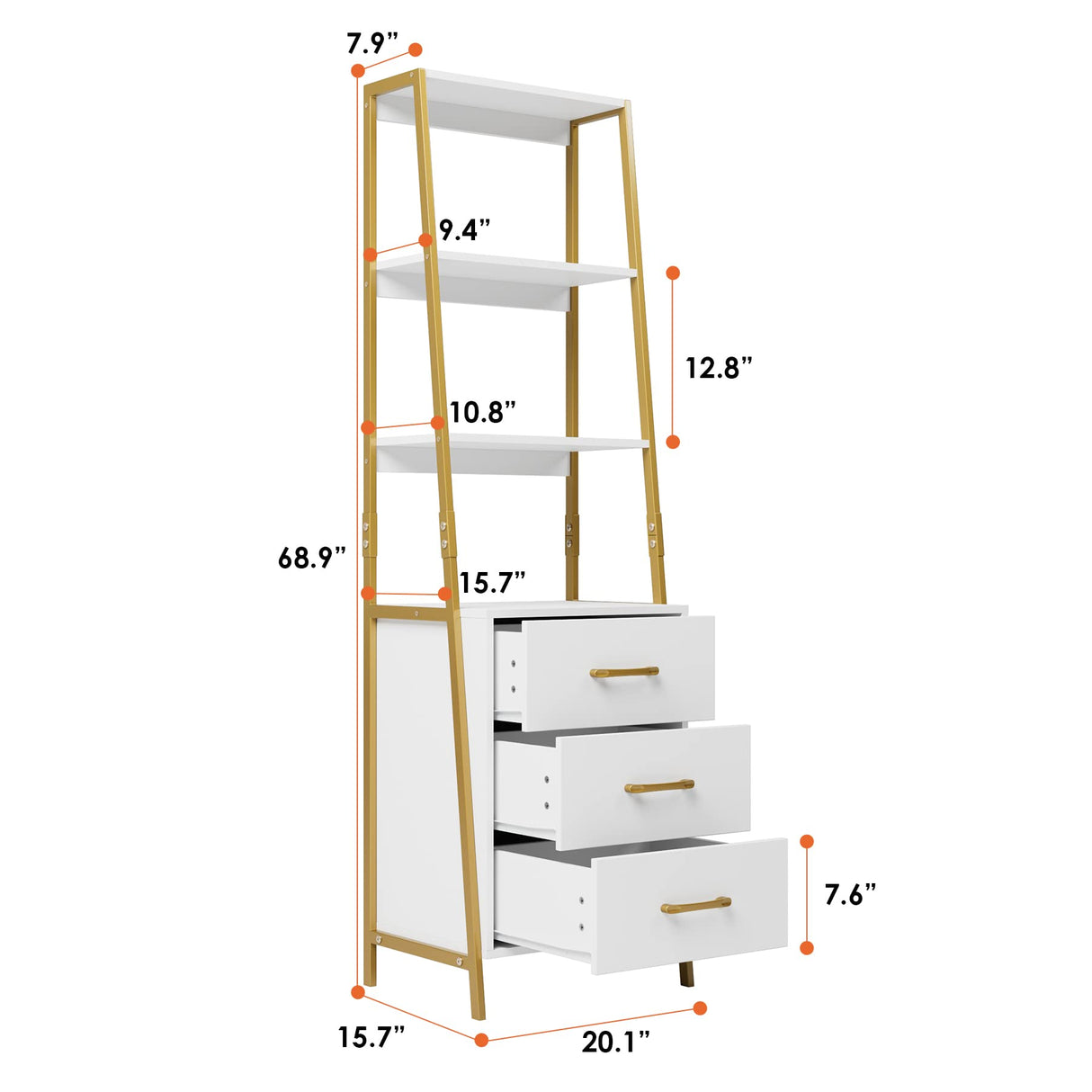 4-Tier Bookshelf, Tall Bookcase with 3 Wooden Drawers, Modern Ladder Book Shlef Storage Organizer for Living Room, Entryway, Office, White Gold