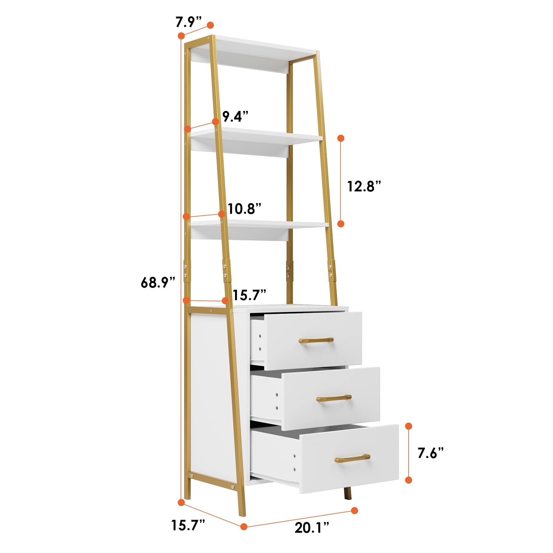 4-Tier Bookshelf, Tall Bookcase with 3 Wooden Drawers, Modern Ladder Book Shlef Storage Organizer for Living Room, Entryway, Office, White Gold
