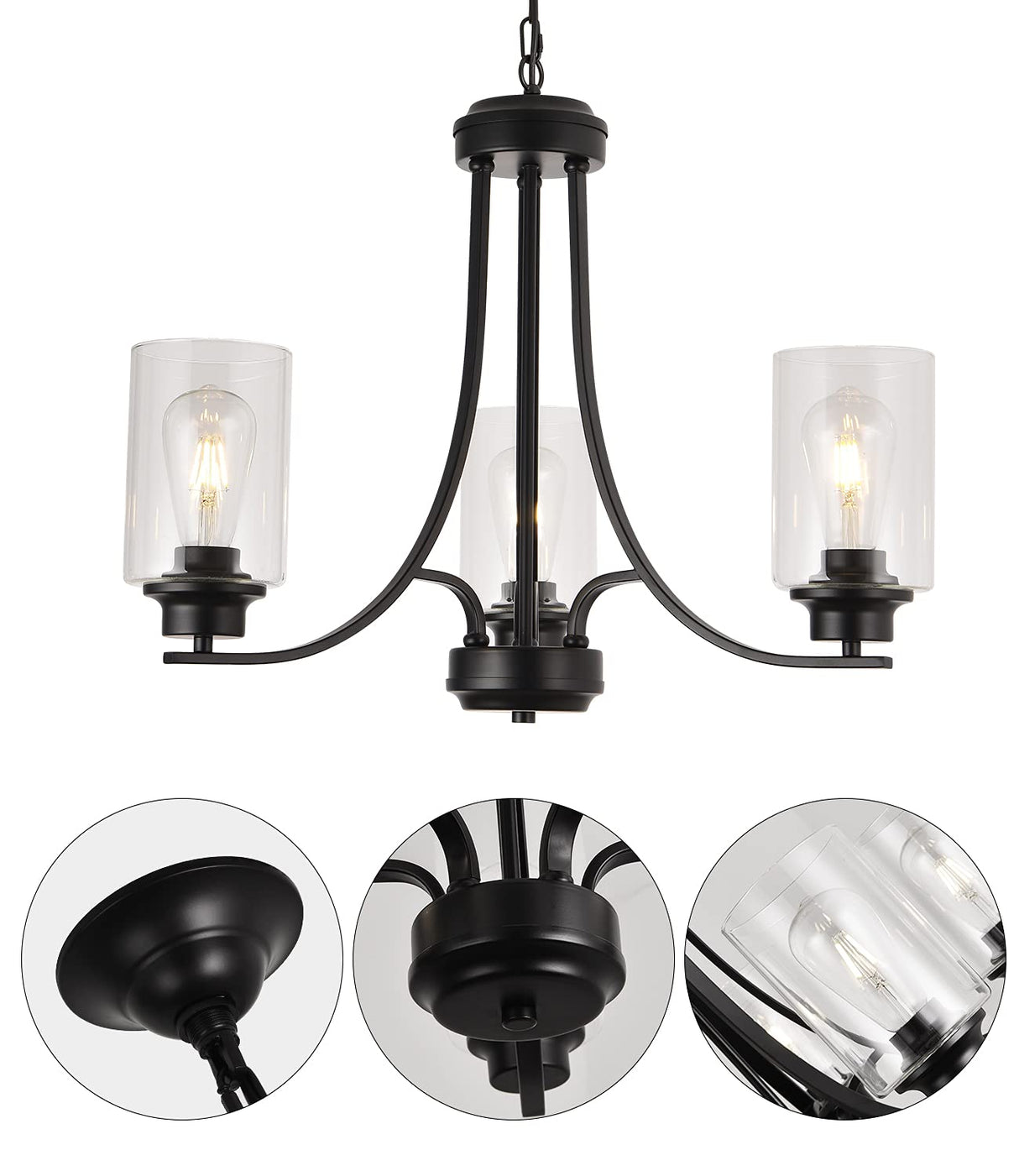 3 Lights Black Traditional Chandelier Rustic Kitchen Island Lighting Fixtures Hanging Clear