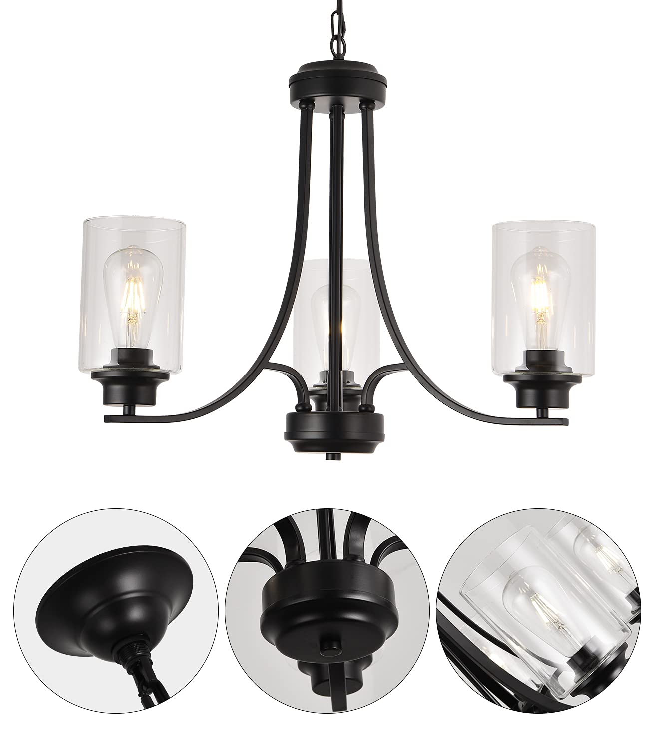 3 Lights Black Traditional Chandelier Rustic Kitchen Island Lighting Fixtures Hanging Clear