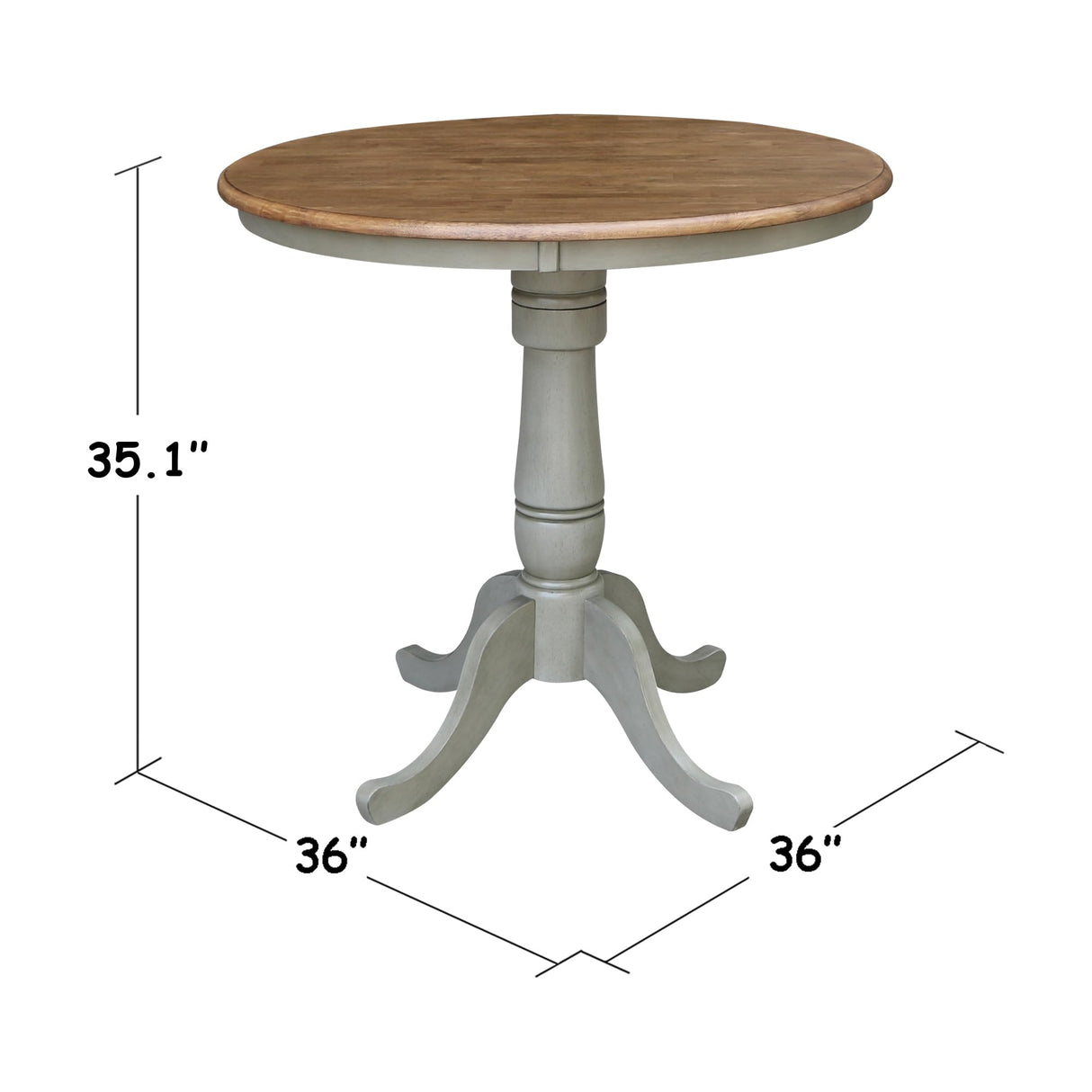 IC International Concepts 36" Round Top Pedestal Counter Height-Distressed Hickory/Stone Finish Dining Tables