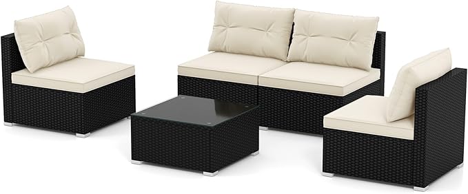 5-Piece Outdoor Patio Furniture Set, Rattan Sectional Sofa Set w/Glass-Top Coffee Table