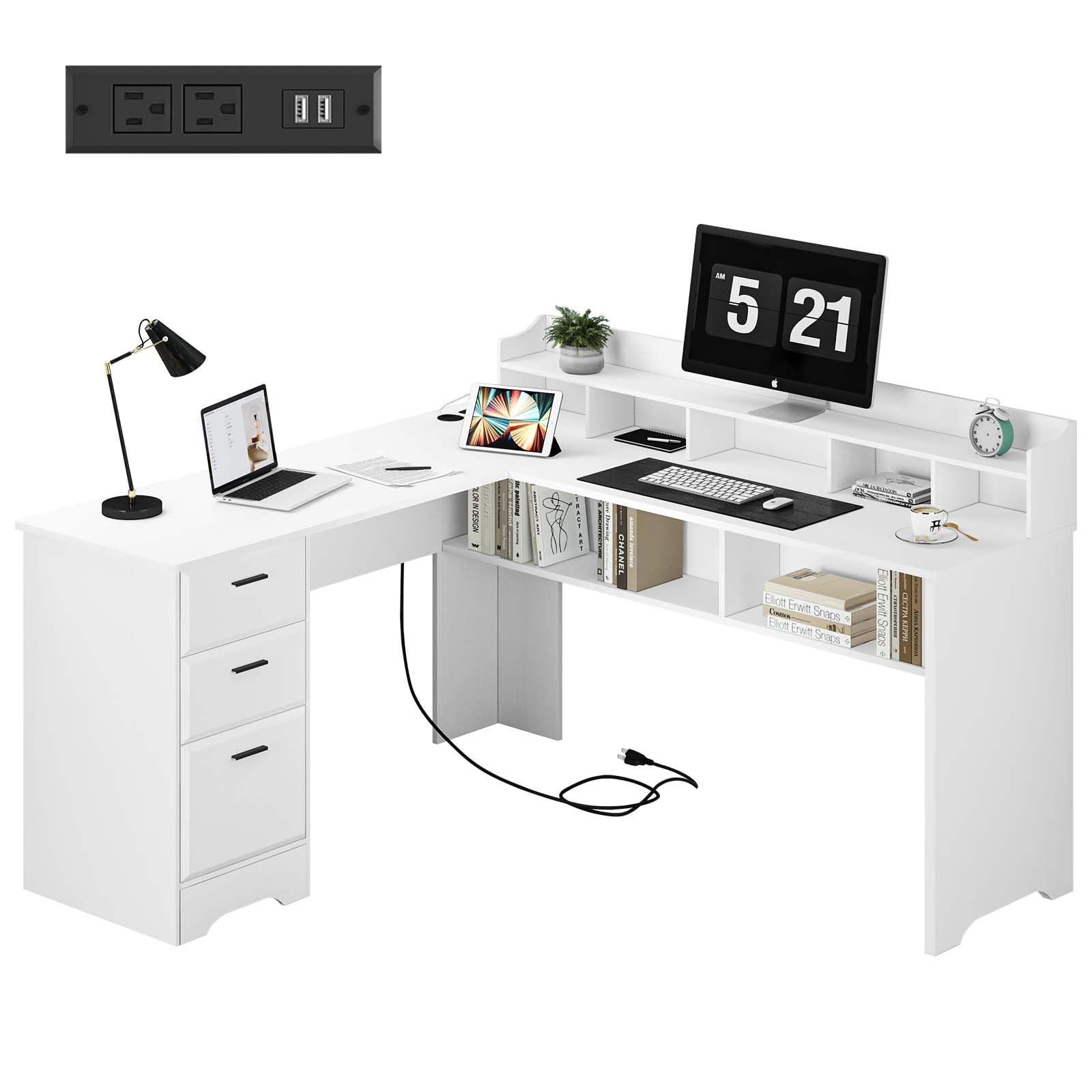 WhiteDesk 60W L-Shaped Office Desk with Storage Drawers & Power Outlet