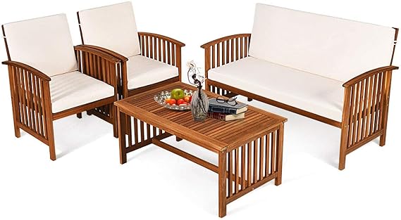 Outdoor 4 PCS Acacia Wood Sofa Set w/Water Resistant Cushions