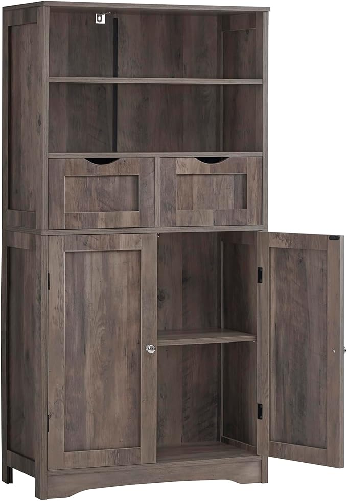 Cabinet with 2 Drawers & Adjustable Shelves, Bathroom Cabinet with Doors, Kitchen Pantry Cabinet