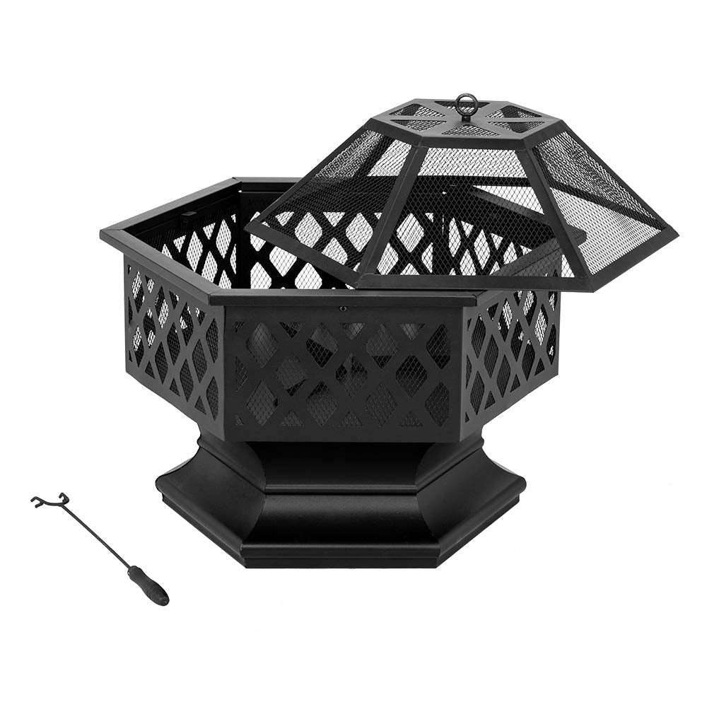 Fire Pits 27in Hexagonal Metal Fire Bowl Outdoor Firepit Backyard Patio Wood Burning