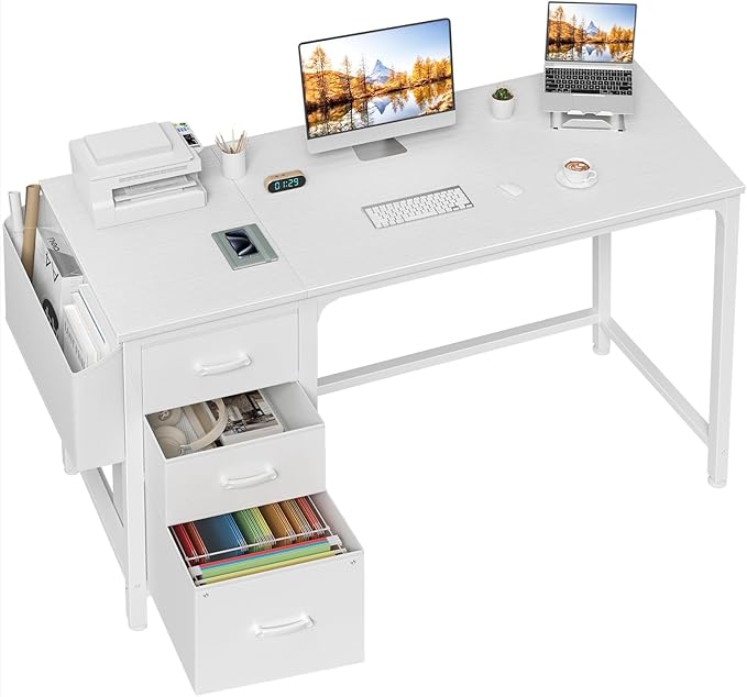 White Computer Desk with Fabric File Drawers Cabinet, 47 Inch Home Office Desks