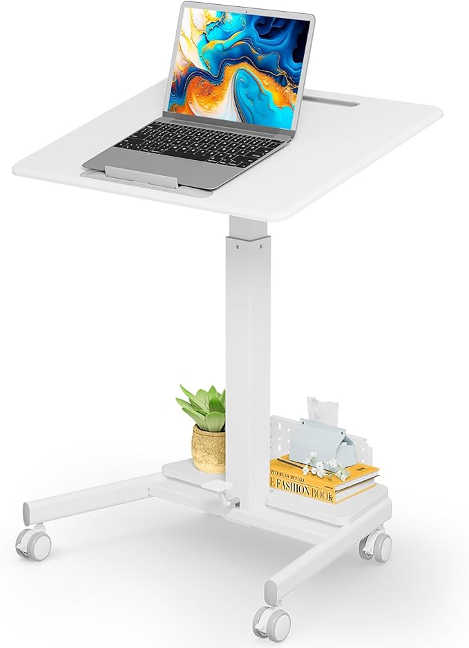 Mobile Standing Desk with 90° Tilting Desktop, Foot Pedal Pneumatic Height Adjustable