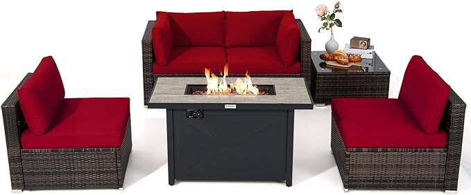 6 Pieces PE Rattan Wicker Sectional Sofa with 42" 60,000 BTU Gas Fire Pit Table