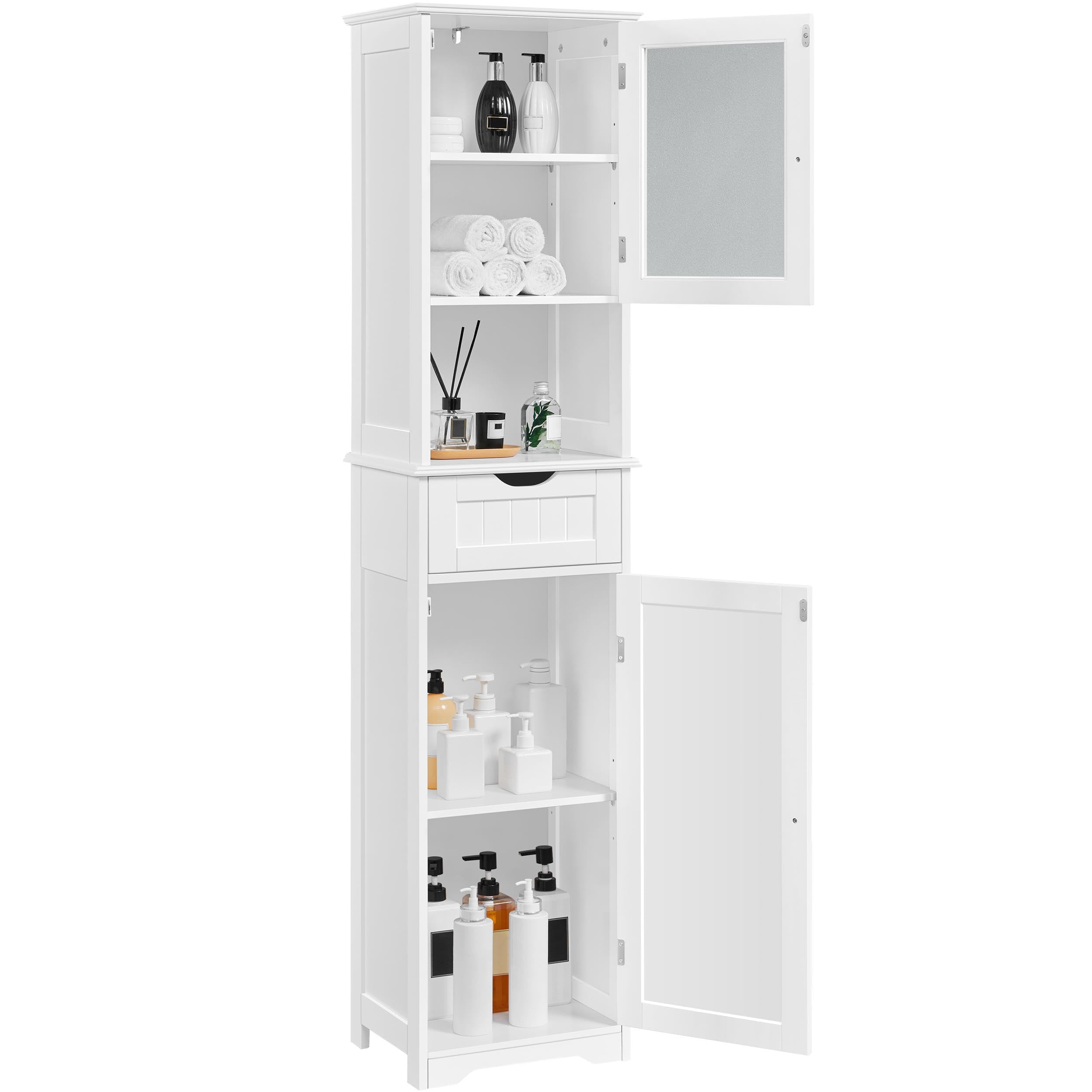 Tall Bathroom Storage Cabinet 67″, Wooden Floor Cabinet with Glass Door