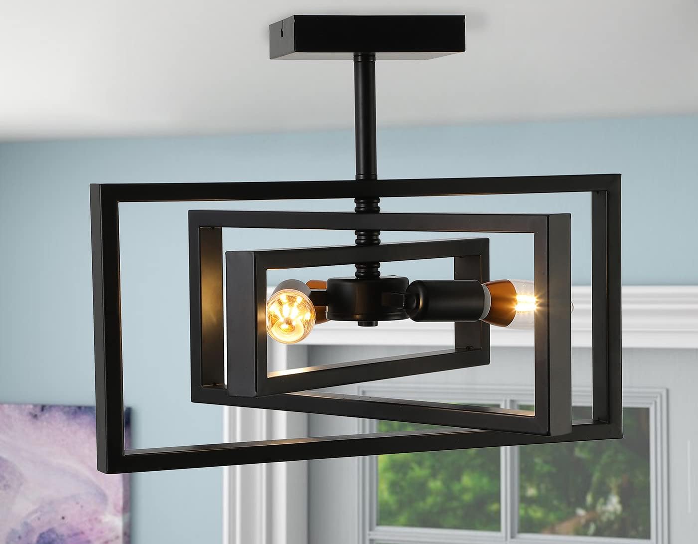 3-light Rustic Semi Flush Mount Rectangle Ceiling Light Industrial Pendant Lighting