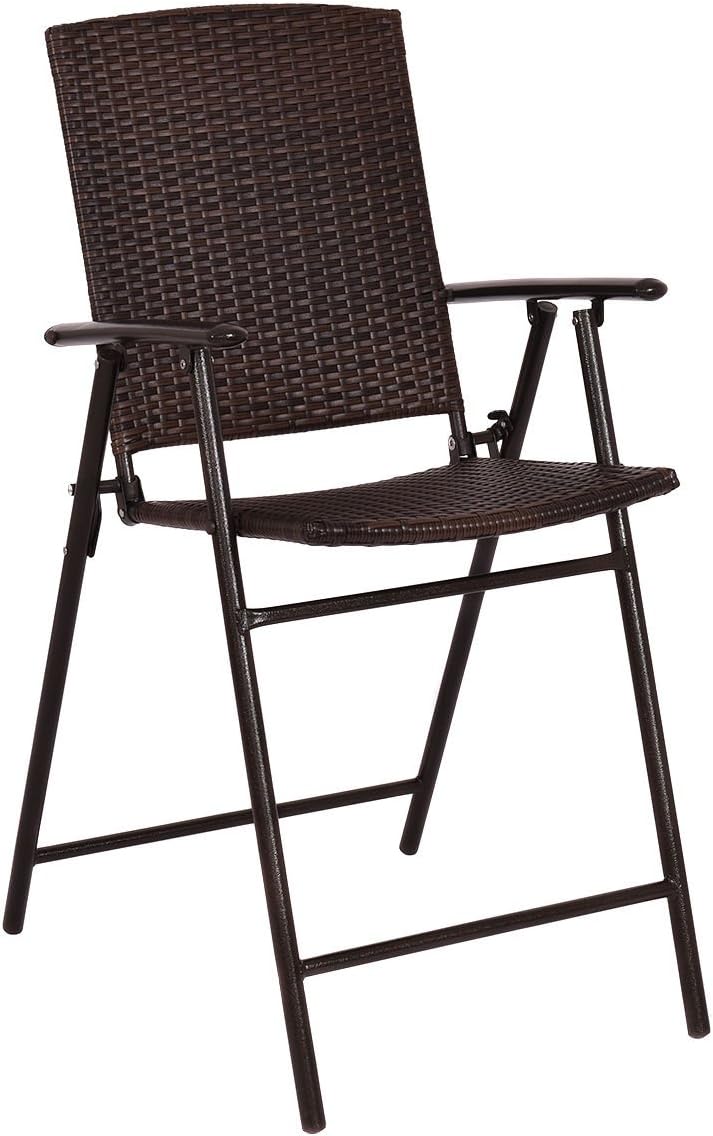 5 Pieces Patio Dining Set, 4 Folding Wicker Sling Chairs and Square Glass Top Table Set