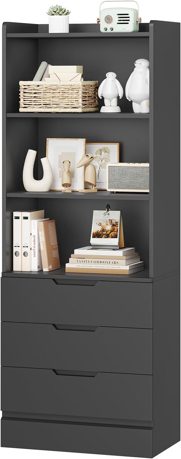 73.23'' Tall Storage Cabinet Bookcase with 3 Drawers and 3-Tier Open Shelves Wooden Bookshelf Kitchen Pantry