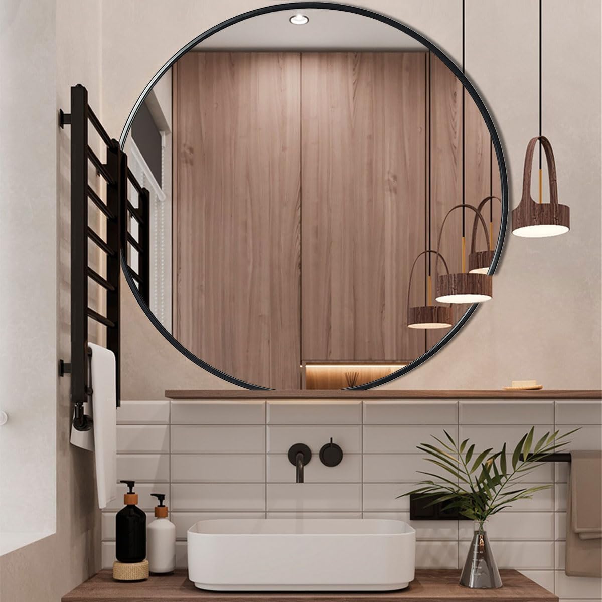 Large Round Mirror - 48 Inch Black Metal Frame Modern Vanity Mirror for Bathroom