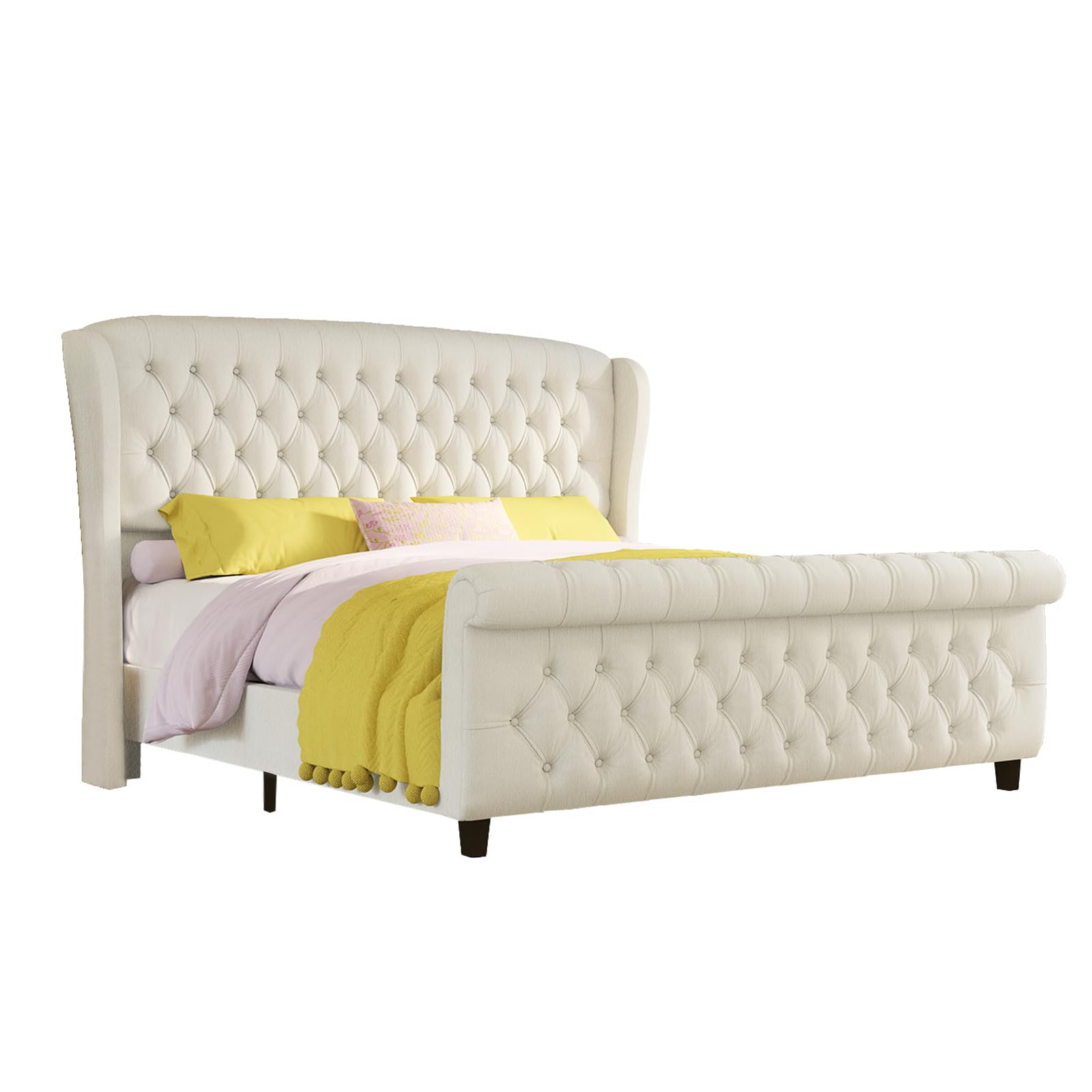 King Size Platform Bed Frame, Chenille Upholstered Sleigh Bed