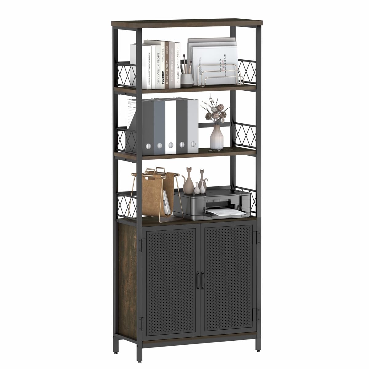 Farmhouse Bookshelf with Storage, Industrial Tall Book Shellf with Doors, Rustic Wood Bookcase with Cabinet for Home Office, Living Room, Classroom (Walnut Brown)