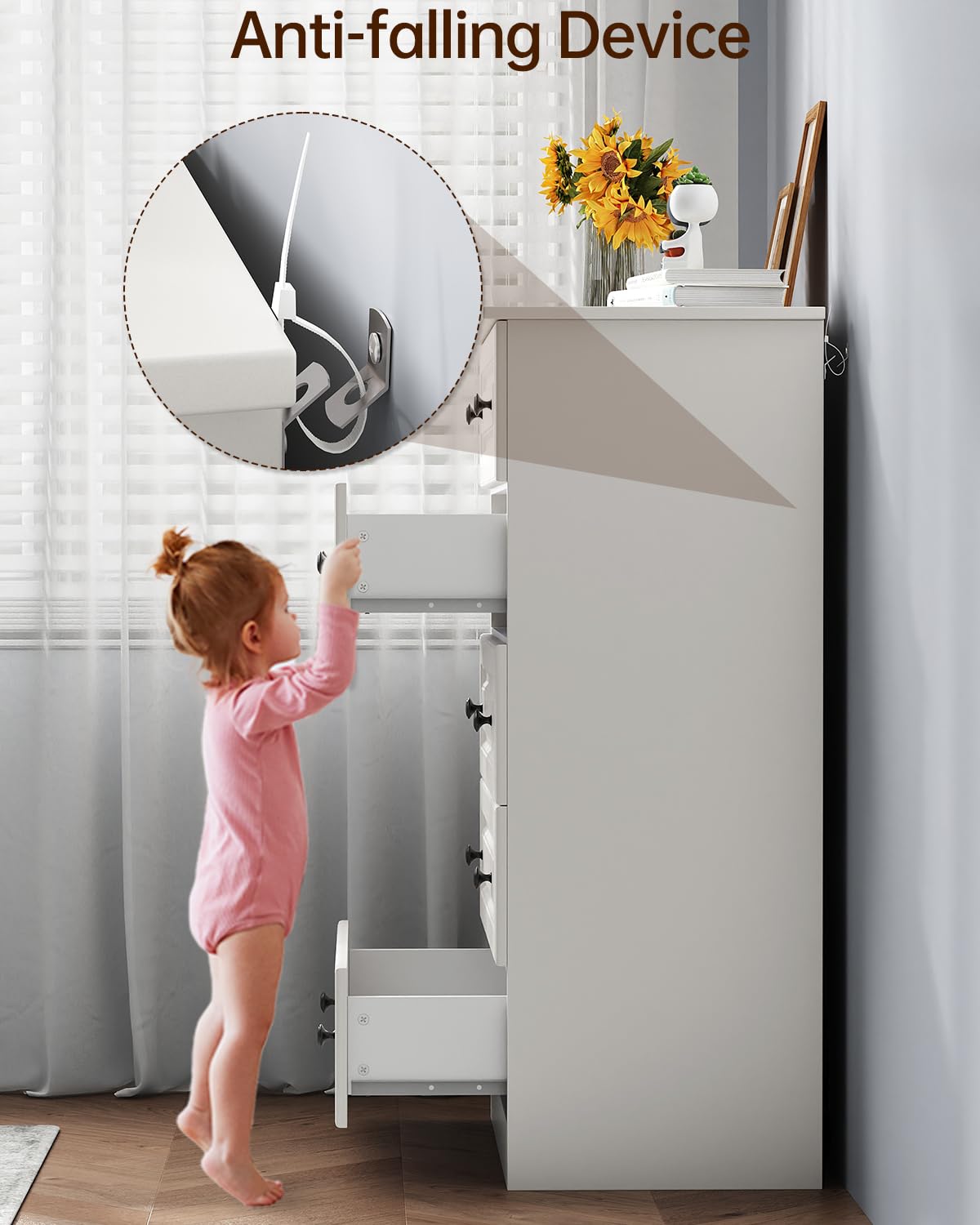 White 5-Drawer Tall Dresser with Wood Top, Modern Storage Tower for Bedroom, Closet, Living Room, Entryway, Hallway