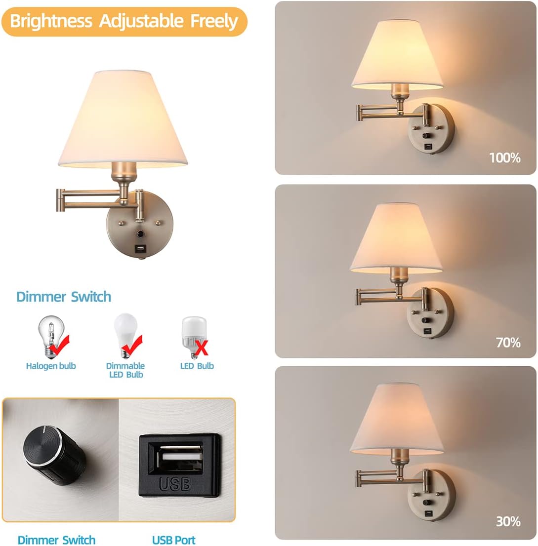 Swing Arm Wall Sconces, Plug-in Wall lamp,Bedroom Wall lamp , White Fabric Shade,,with dimmable Switch and USB Charging Port, Suitable for Bedside, Living Room, Reading (Nickel)