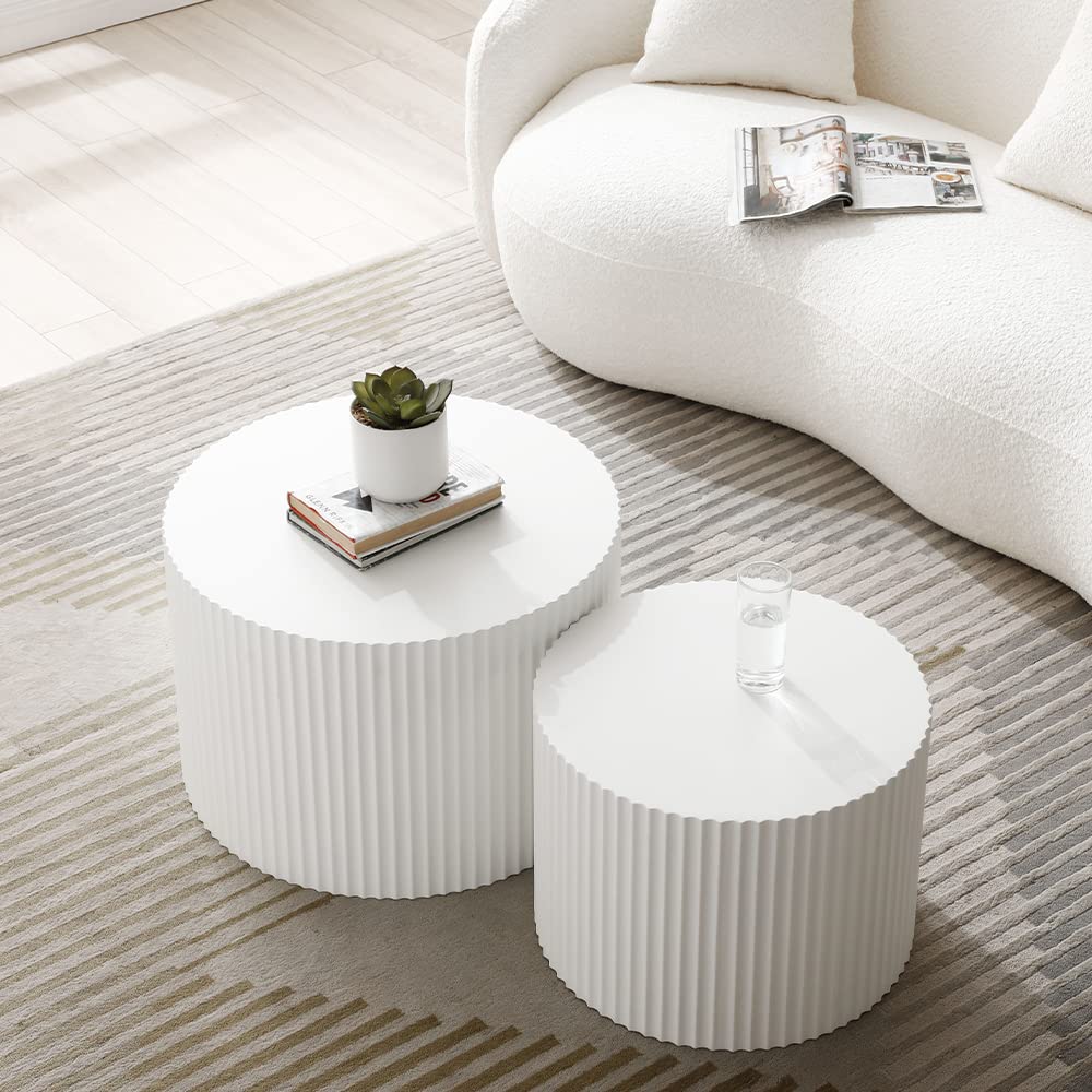 White Round Coffee Table Set of 2, Nesting Coffee Tables for Living Room