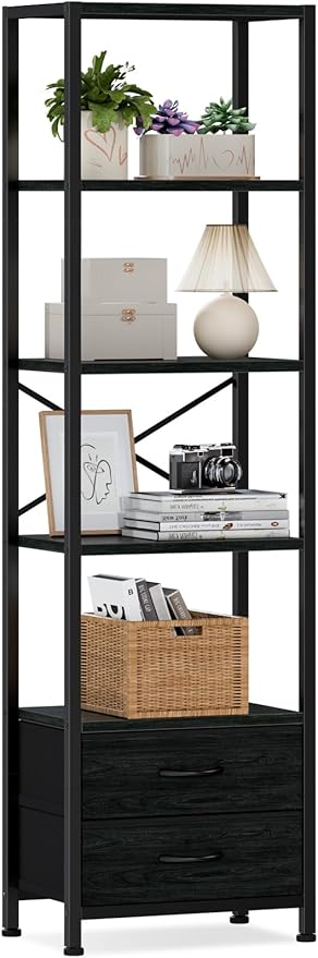 5-Tier Corner Shelf, Narrow Bookshelf with 2 Storage Drawers, Tall Bookcase, Standing