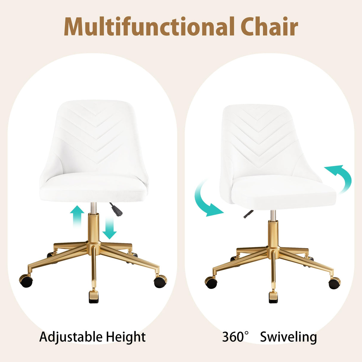 Velvet Vanity Desk Chair - Height Adjustable Swivel Office Chair with Gold Base