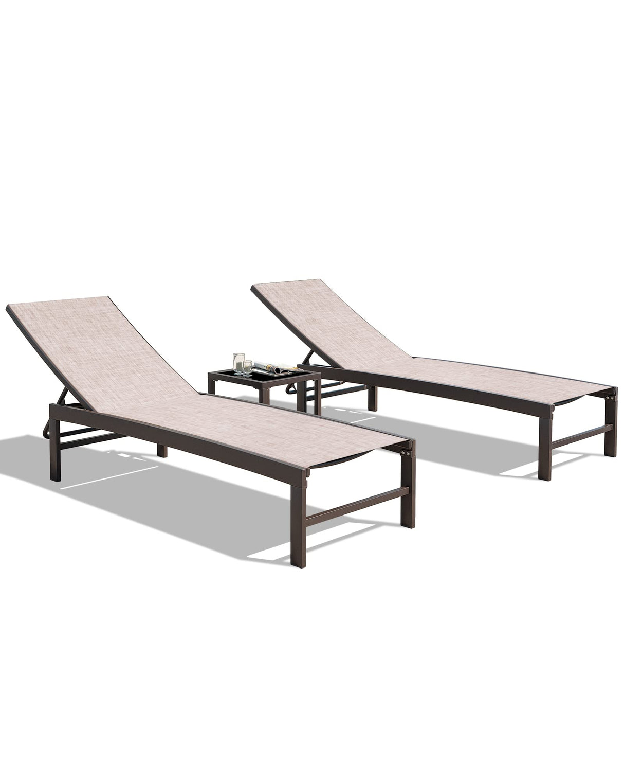 2PCS Patio Chaise Lounges and 1PC Table Set Aluminum Adjustable Lounge Chairs