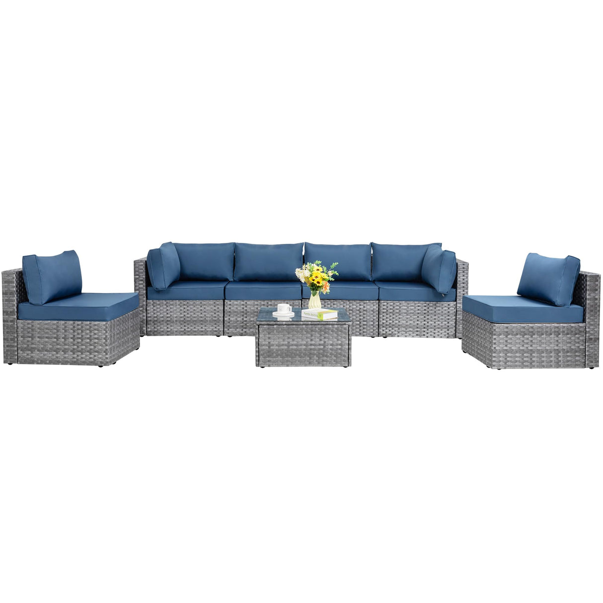 7 Pieces Outdoor Patio Sectional Sofa Couch, Silver Gray PE Wicker Furniture Conversation Sets
