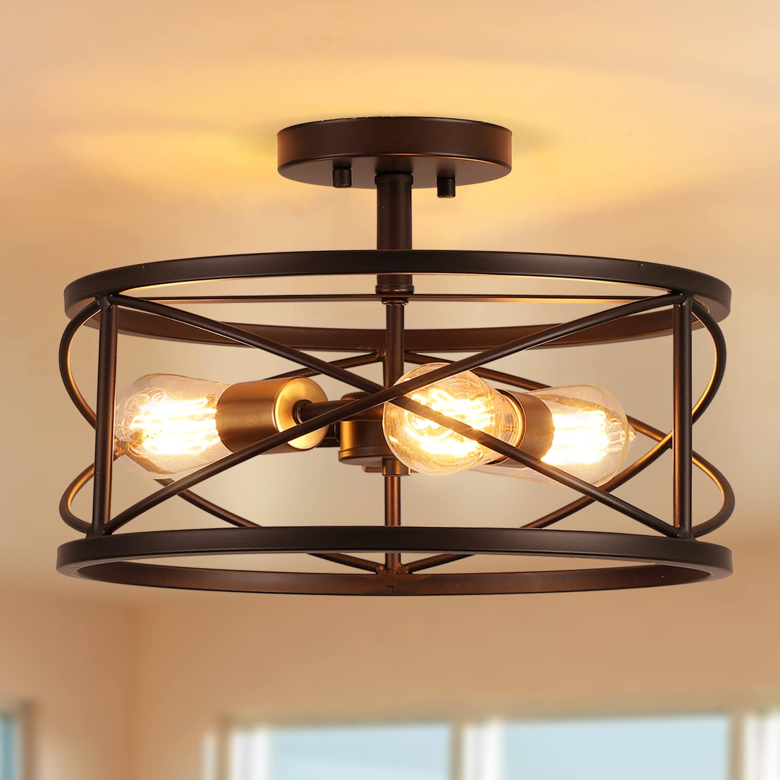 3-Light Semi Flush Mount Ceiling Light, 14-inch Industrial Modern Farmhouse Lighting