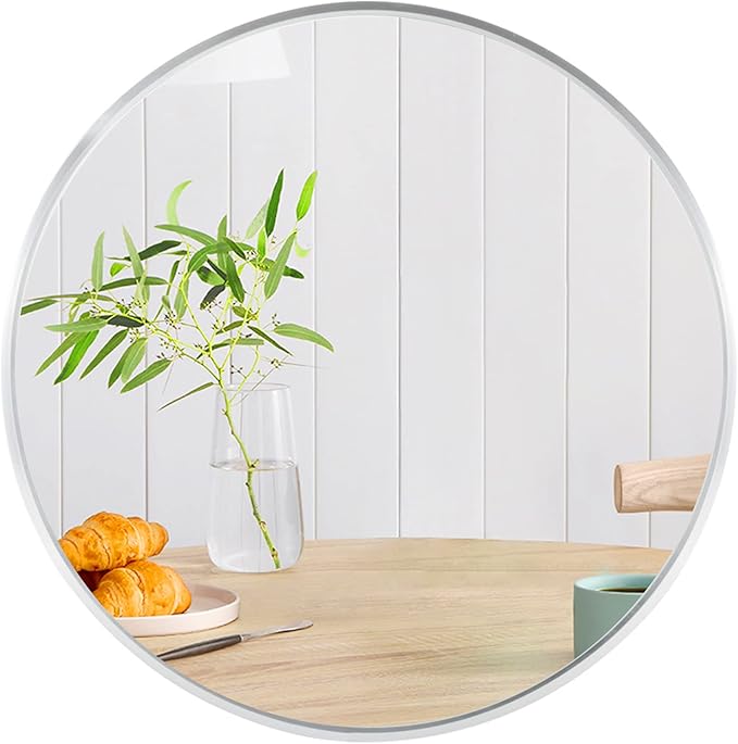 30 Inch Circle Mirror, Silver Large Round Wall Mirror with Metal Brush Framed for