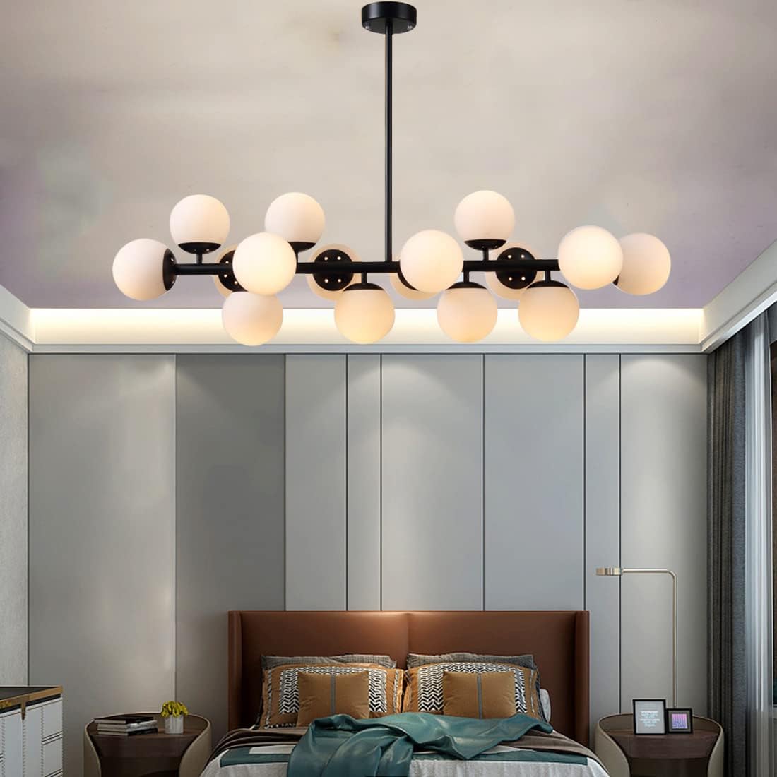 Glass Chandelier Lighting 16-Light Black Linear Island Pendant Light