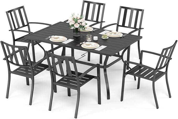 Round Patio Table and Chairs Set, Outdoor Dining Set for 6, 7 Piece Metal Patio Furniture