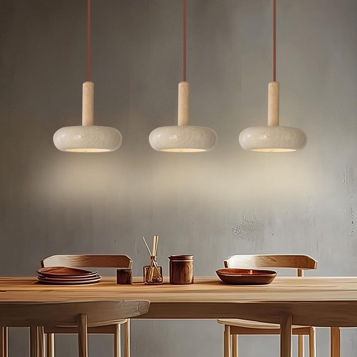 Wabi-sabi Style Pendant Light Round Natural Stone Shade Nordic Wood Chandelier Bedroom