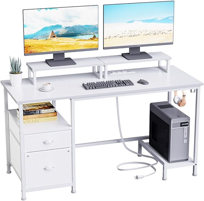Computer Desk with Drawer and Power Outlets, 47" Office Desk with 2 Monitor Stands and Fabric File Cabinet, Writing Gaming Table with Shelves and 2 Hooks for Home Office, Rustic Brown
