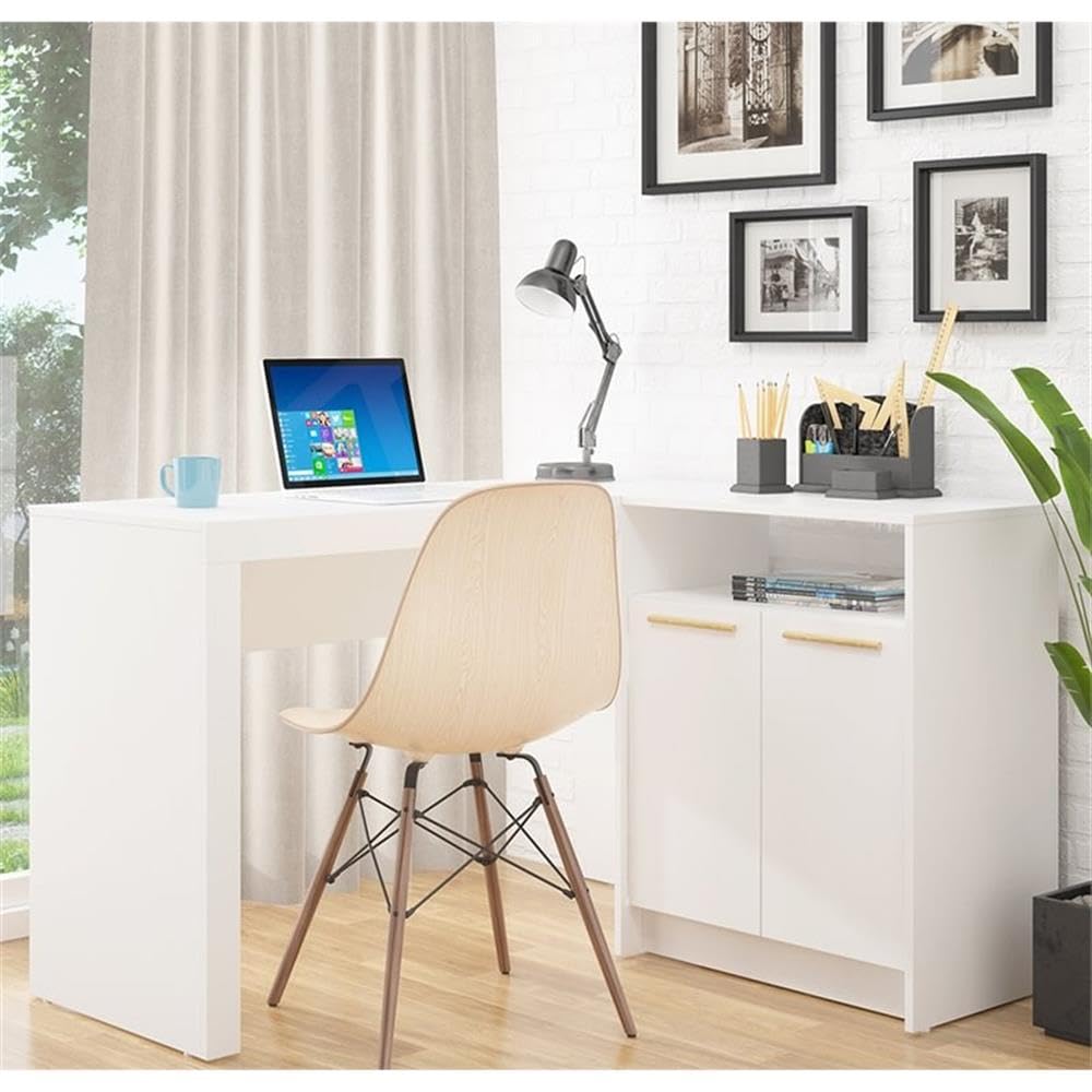 L-Shaped Mid-Century Solid Wood Writing Desk in White