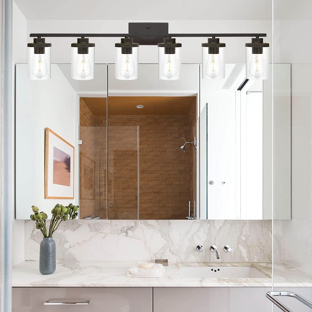 Farmhouse Vanity Lighting Fixtures Oil Rubbed Bronze 6 Light with Glass Shade Bathroom Light