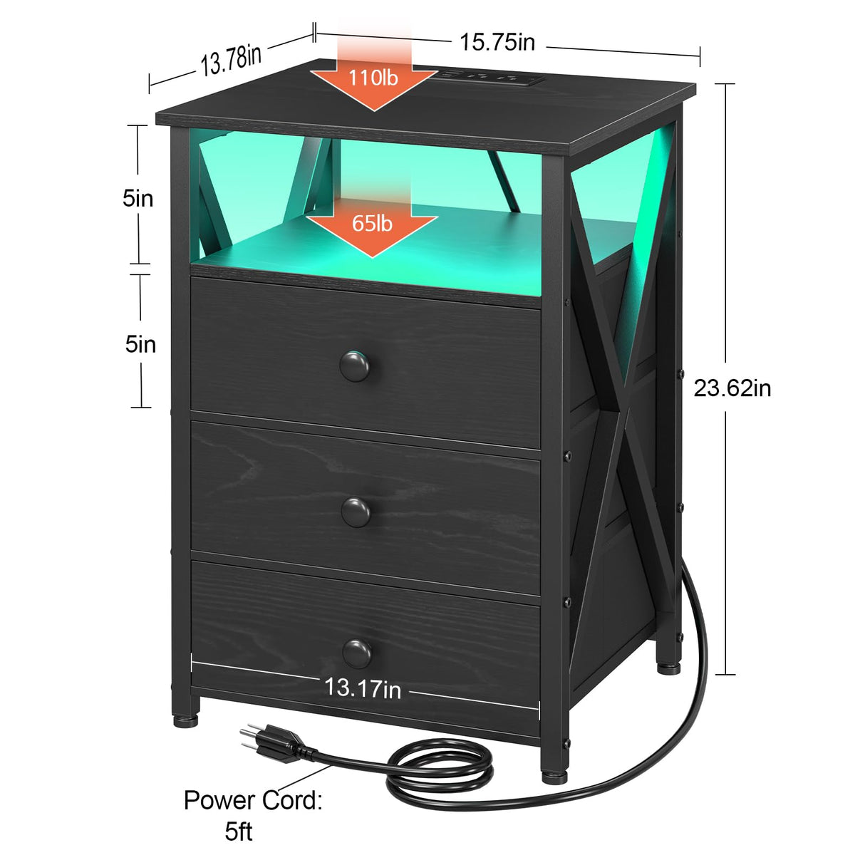 Night Stand Set 2, LED Nightstand with Charging Station, End Side Tables