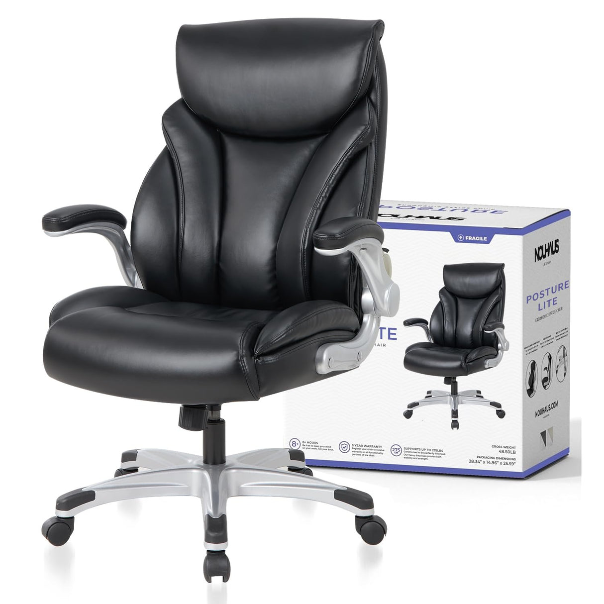 Office Chair with Lumbar Support, High Back PU Leather Ergonomic Office Chair, Executive Desk Chair Computer Chairs with Adjustable Flip-up Armrests (Posture Lite,Black)