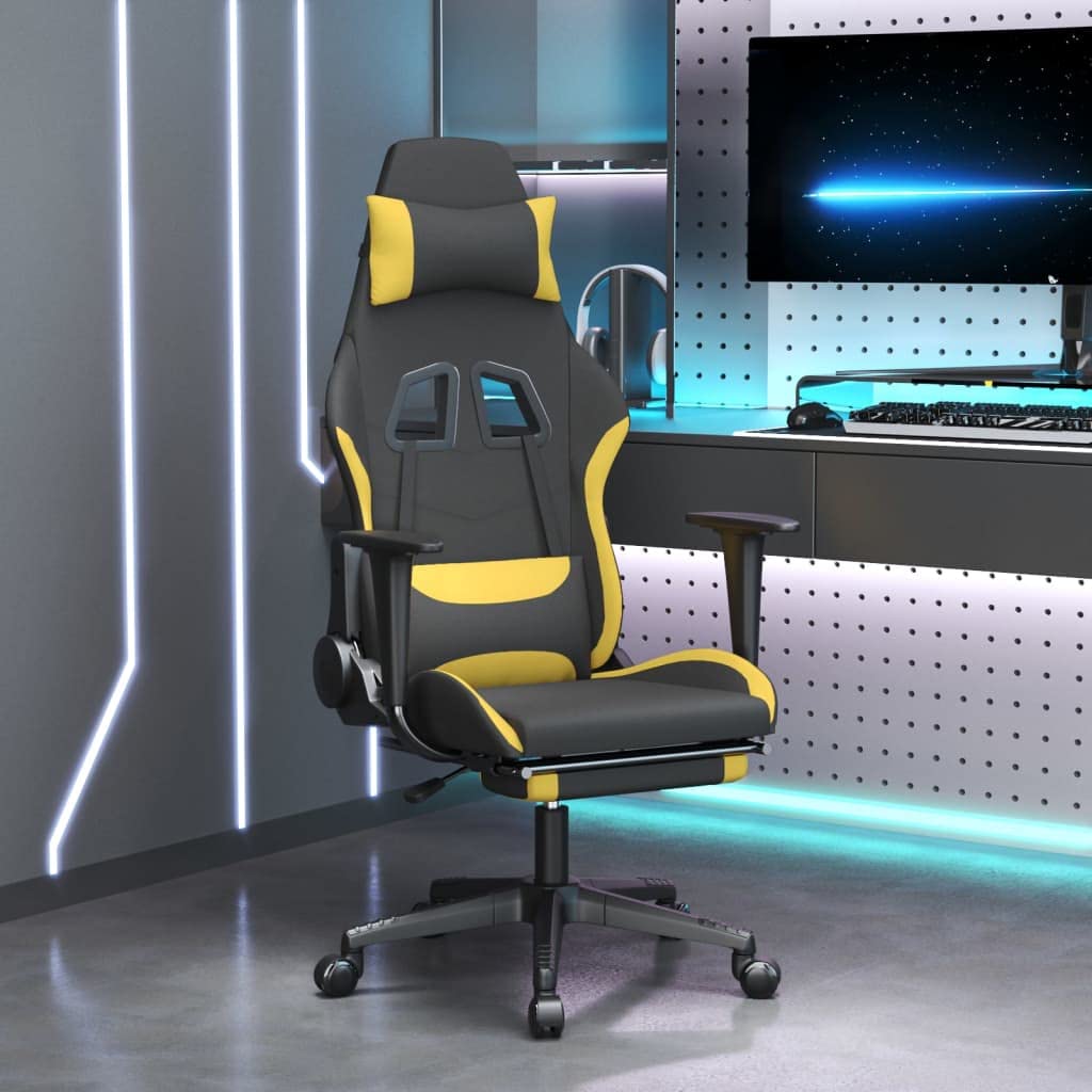 Adjustable Gaming Chair with Footrest - Black and Yellow Fabric