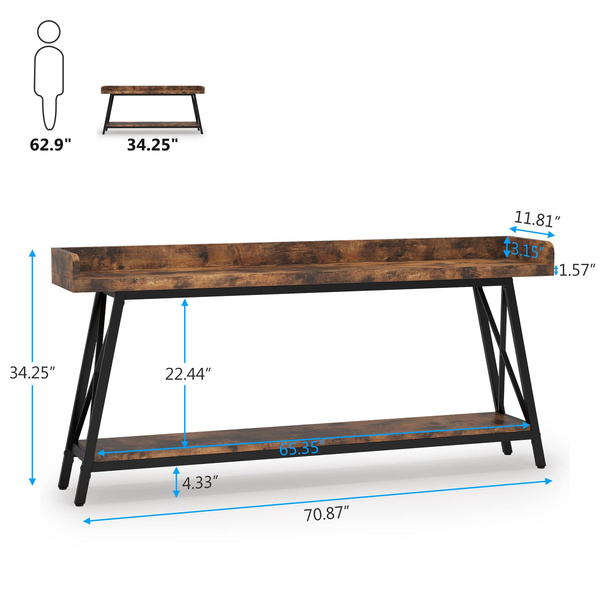 70.9 inch Extra Long Console Table Behind Couch, Rustic Industrial Sofa Table for Living Room,