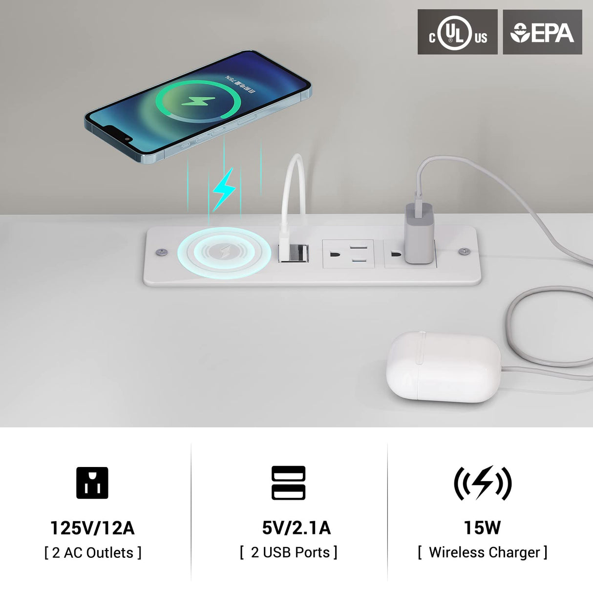 ED Nightstand White Nightstand with Wireless Charging Station 2 Drawers