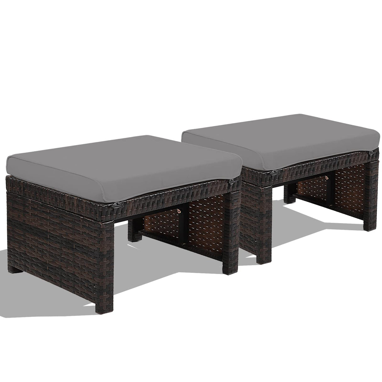 HAPPYGRILL 2 Piece Outdoor Wicker Ottomans, Patio Rattan Footstool with Cushions, Solid Steel Frame, Multifunctional Ottomans for Poolside Backyard Balcony