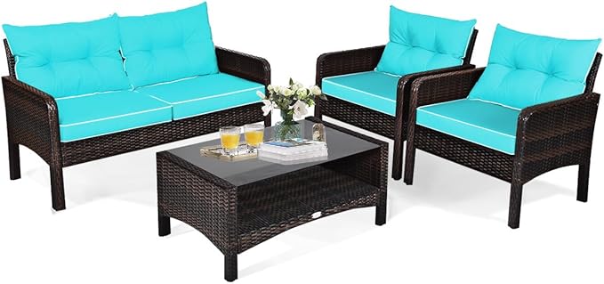4 Pieces Rattan Patio Conversation Set, Outdoor Wicker Furniture Set with Chairs, Loveseat