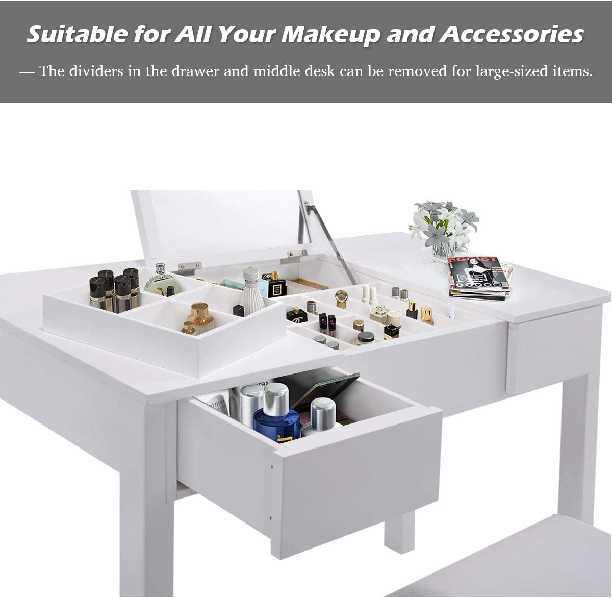 Vanity Set with Flip Top Mirror and Cushioned Stool, Makeup Dressing Table Writing Desk with 2 Drawers