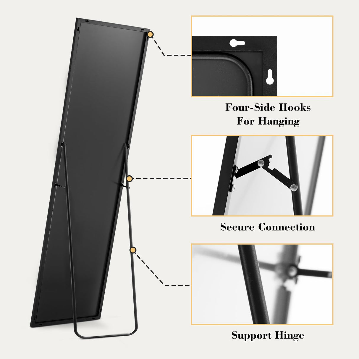 DUMOS Full Length Mirror with Stand, 59''×16'' Floor Mirror with Aluminum Alloy Frame for Bedroom, Standing Full Body Mirror with Shatter-Proof Glass for Wall, Living Room, Cloakroom, Rect-Black,