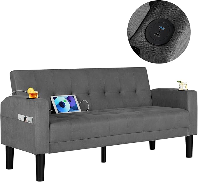 62" Loveseat Couches Upholstered Fabric Linen Love Seat Sofas Couch with 2 USB