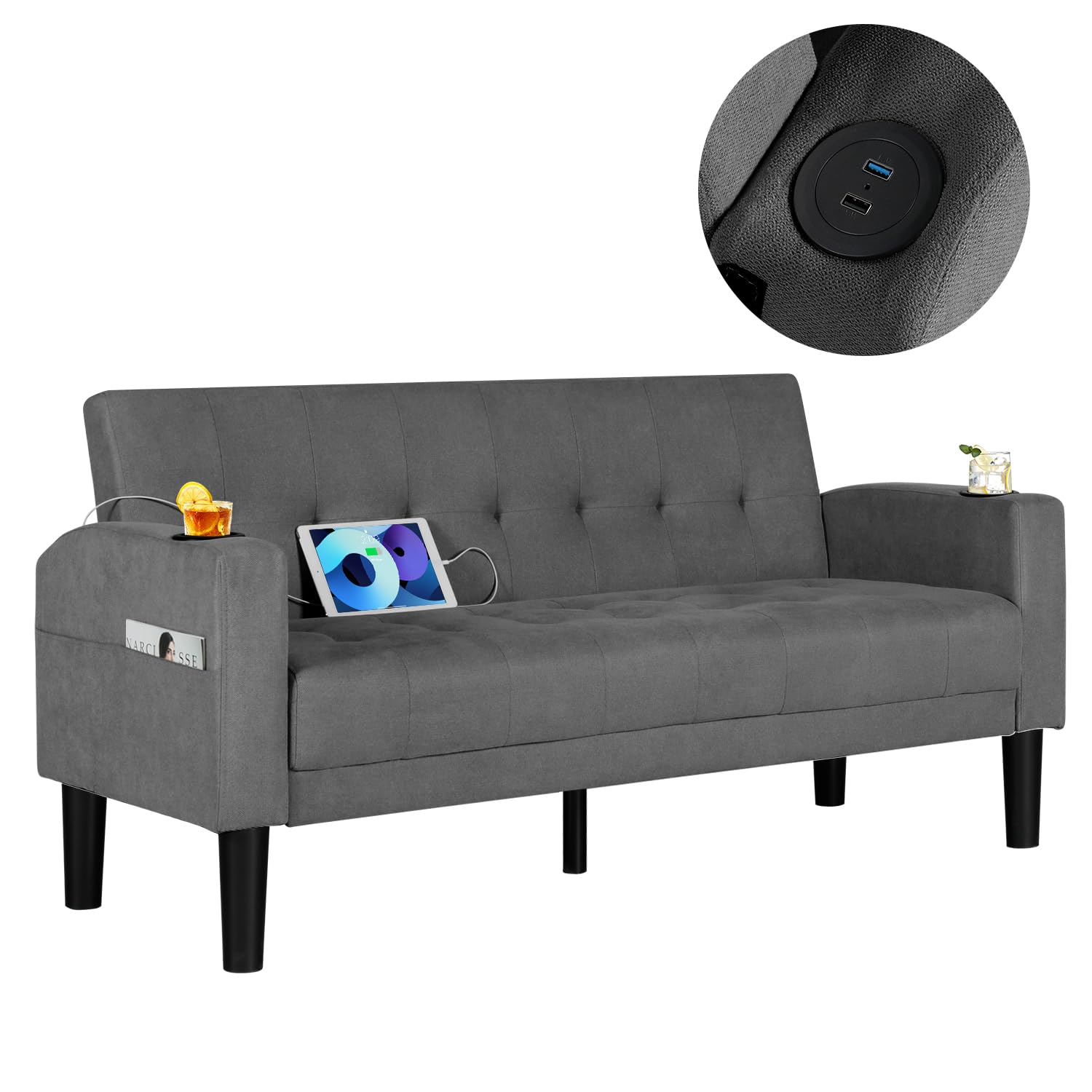 62" Loveseat Couches Upholstered Fabric Linen Love Seat Sofas Couch with 2 USB