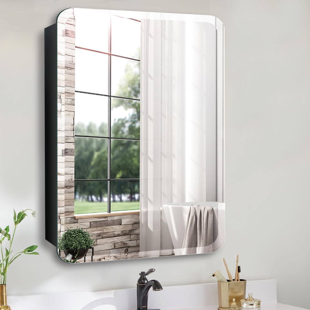 Medicine Cabinet with 16" x 26" Frameless Mirror, Black Large Modern Medicine Cabinet