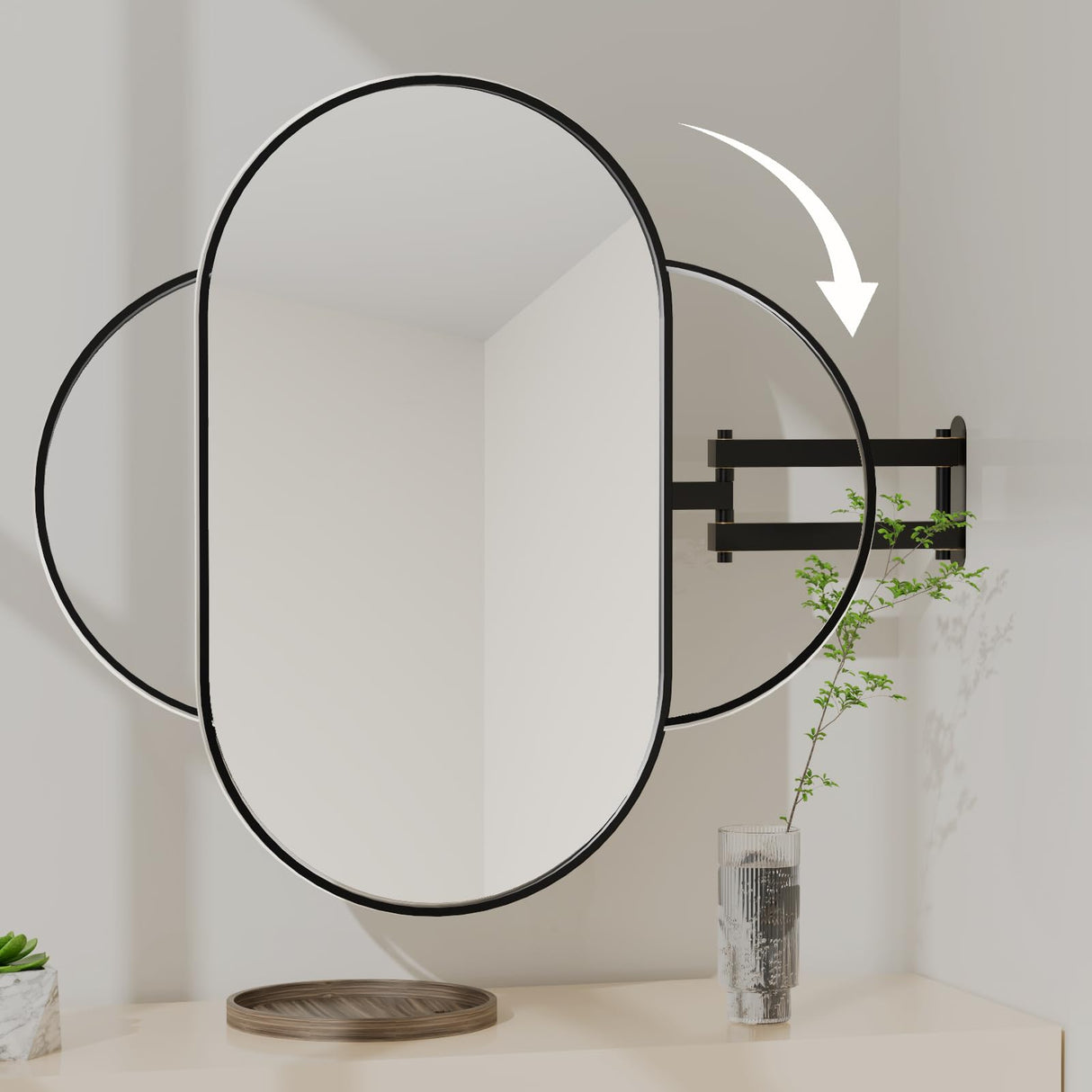 32" x 20" Black Oval Wall Mirror with Extendable Swivel Arm