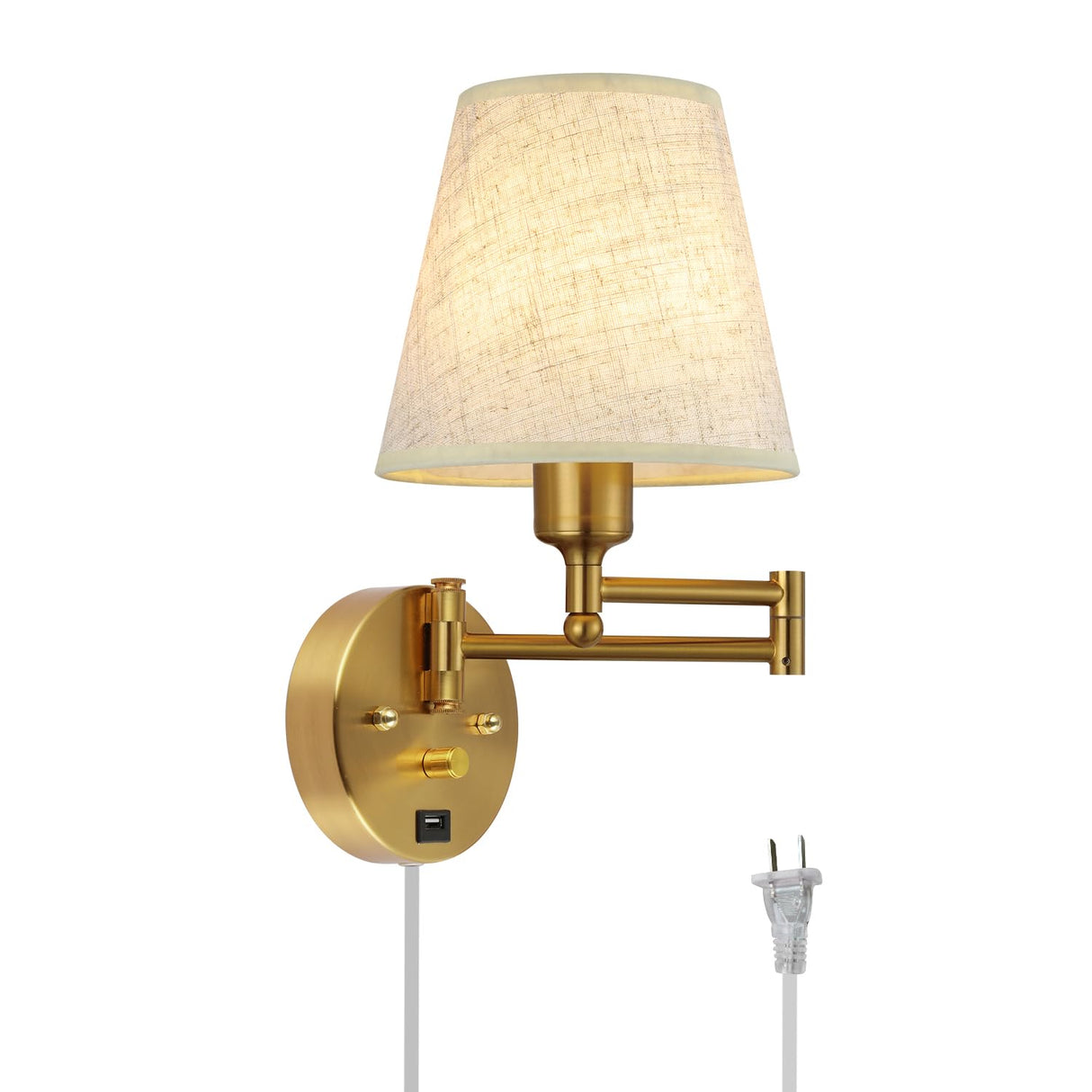 Bedside Wall Mount Light with Dimmable Switch and USB Port, Gold Swing Arm Fabric Shade Wall